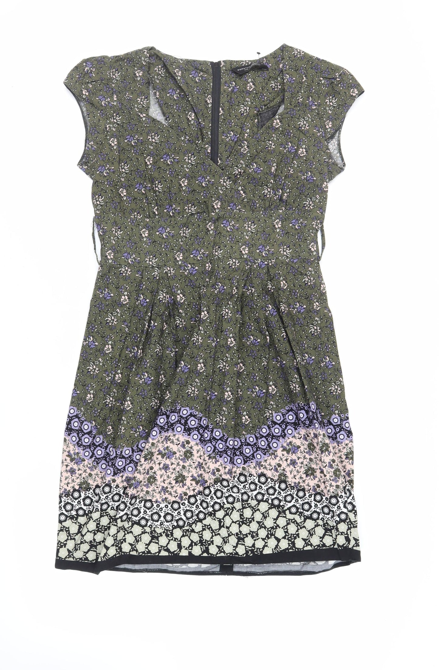 Dorothy Perkins Womens Green Floral Cotton A-Line Size 14 V-Neck Zip