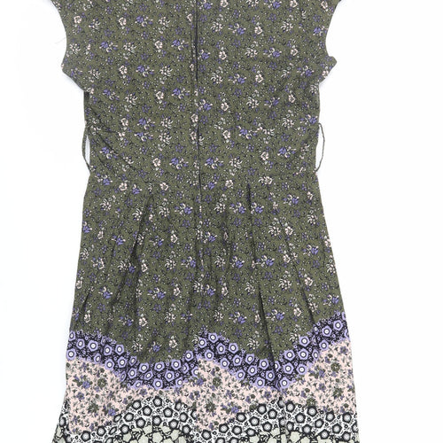 Dorothy Perkins Womens Green Floral Cotton A-Line Size 14 V-Neck Zip