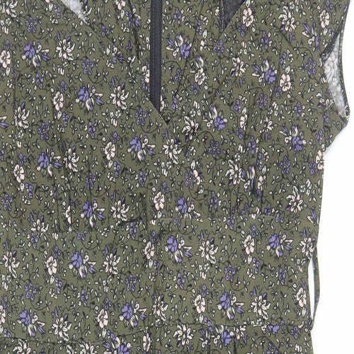 Dorothy Perkins Womens Green Floral Cotton A-Line Size 14 V-Neck Zip