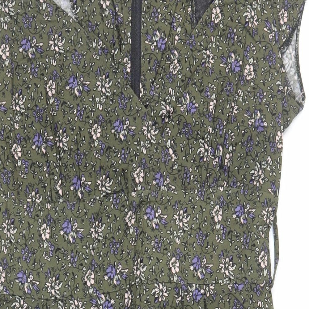 Dorothy Perkins Womens Green Floral Cotton A-Line Size 14 V-Neck Zip