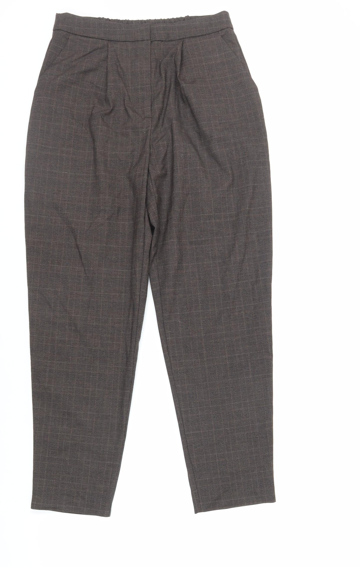 New Look Womens Brown Plaid Polyester Chino Trousers Size 8 L27 in Regular Zip - Elasticated Waist