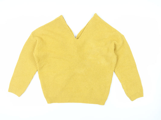 New Look Womens Yellow V-Neck Acrylic Pullover Jumper Size M - Back Detail