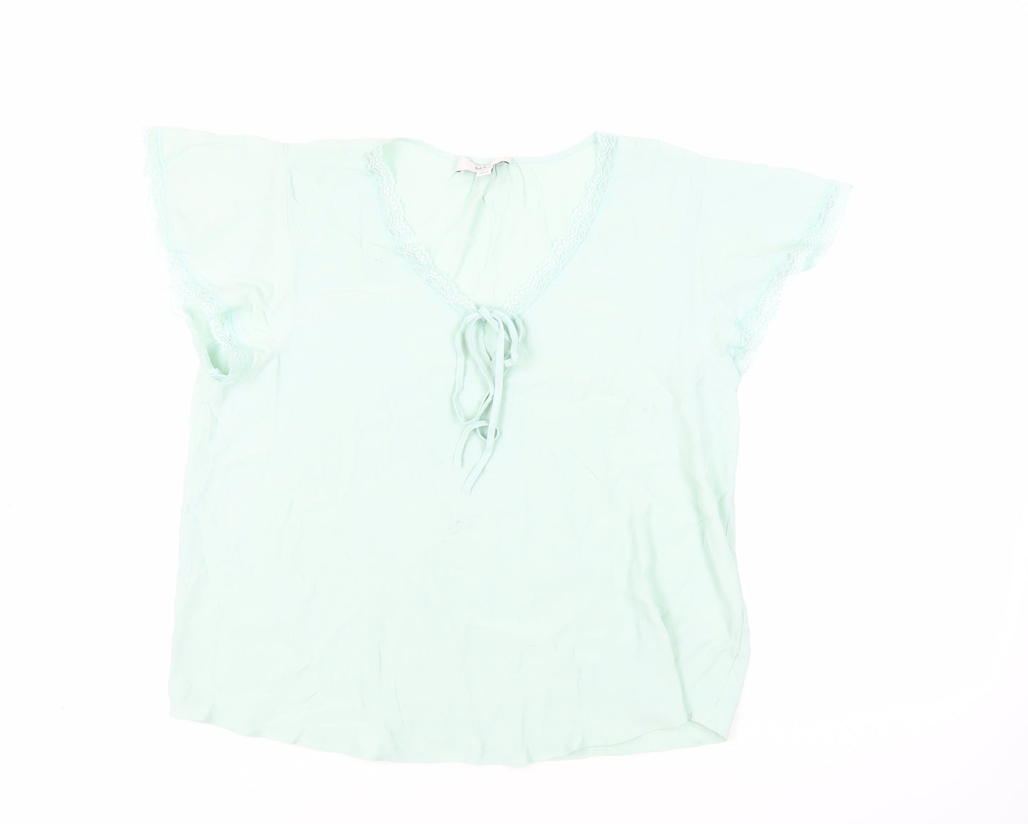 Marks and Spencer Womens Green Viscose Basic Blouse Size 14 V-Neck - Lace Trim