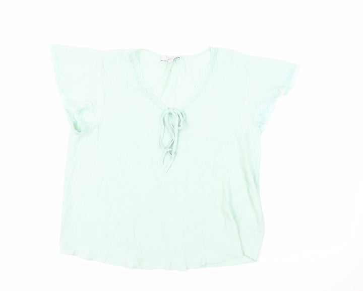 Marks and Spencer Womens Green Viscose Basic Blouse Size 14 V-Neck - Lace Trim