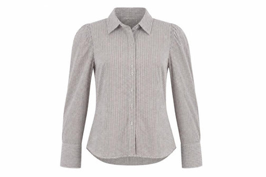 Front view of Zara women’s red check cotton basic button-up, size M, collared