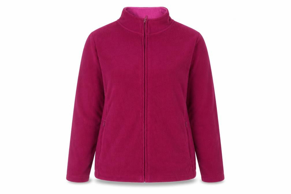 Front view of EWM women’s purple jacket, size M, zip - zipped pockets