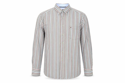 Front view of Casa Moda men’s grey striped cotton button-up, size L, collared button - collar 41/42