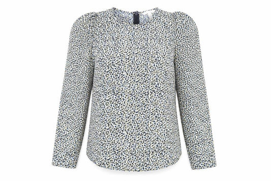 Front view of H&M women’s blue animal print polyester basic blouse, size M, round neck