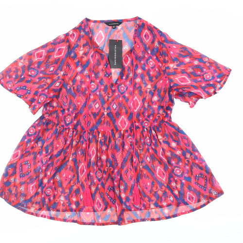 Kaleidoscope Womens Pink Geometric Polyester Basic Blouse Size 14 V-Neck - Sheer