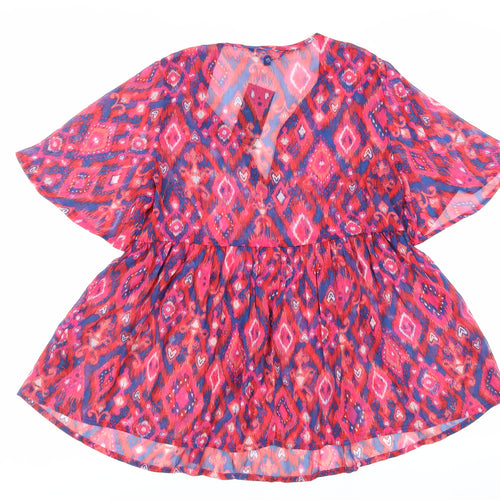 Kaleidoscope Womens Pink Geometric Polyester Basic Blouse Size 14 V-Neck - Sheer