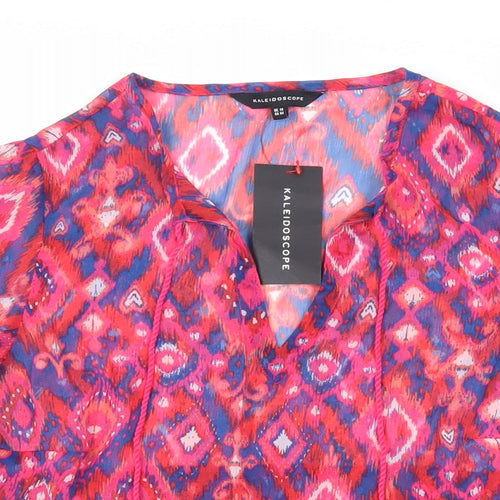Kaleidoscope Womens Pink Geometric Polyester Basic Blouse Size 14 V-Neck - Sheer