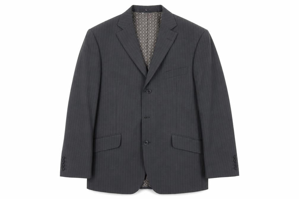 Front view of Marks & Spencer men’s grey striped polyester jacket suit jacket, size 40, regular