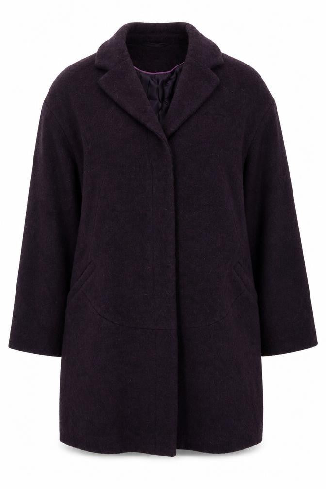 Front view of Per Una women’s purple overcoat coat, size UK 16, snap