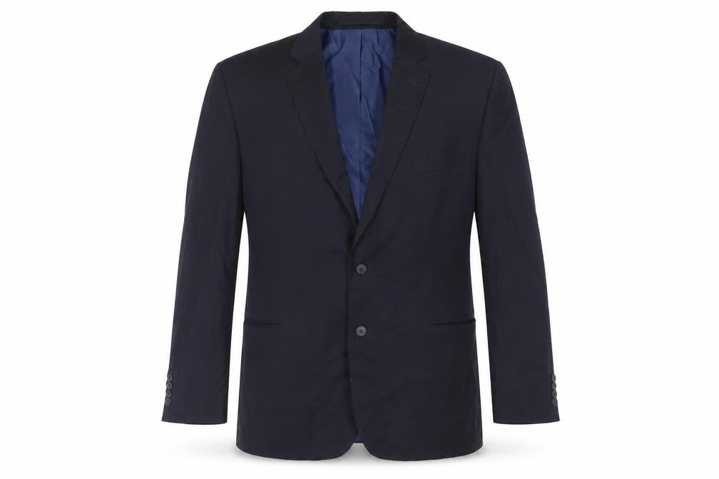 Front view of Marks & Spencer men’s blue polyester jacket suit jacket, size 48, regular