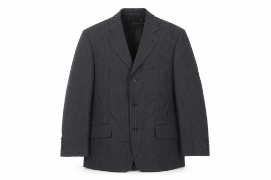 Front view of Varteks men’s grey striped polyester jacket suit jacket, size 40, regular