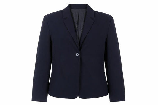 Front view of Marks & Spencer women’s blue jacket blazer, size UK 12, button