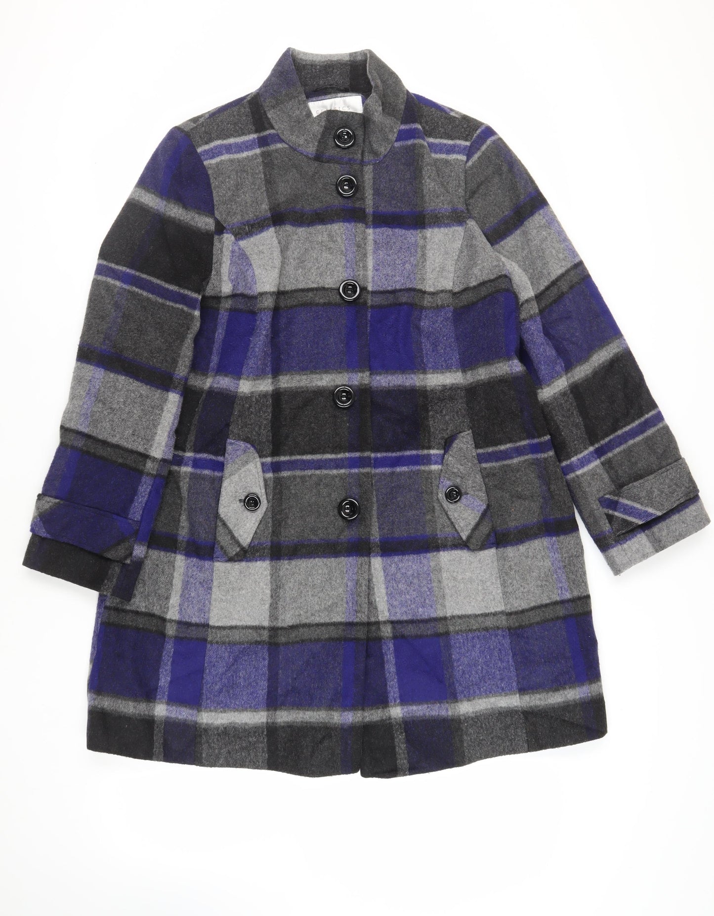Debenhams Womens Blue Plaid Overcoat Coat Size 16 Button