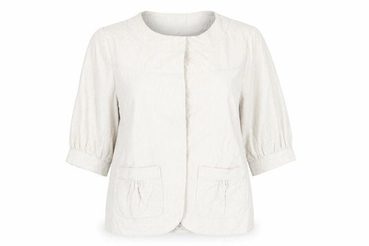 Front view of Marks & Spencer women’s beige striped jacket blazer, size UK 10, snap
