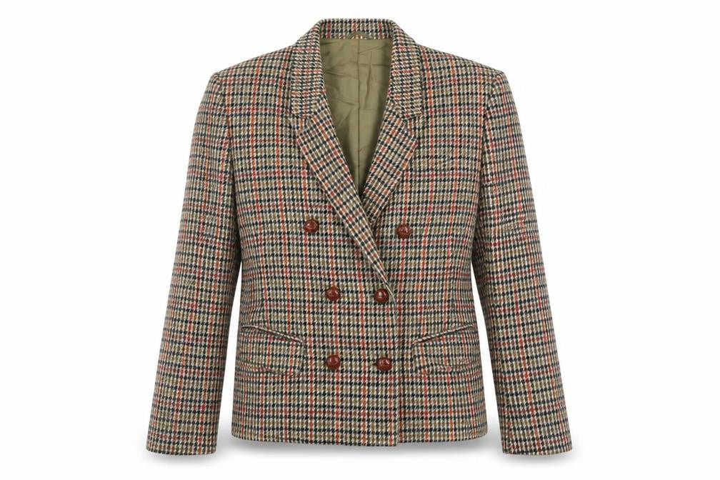 Front view of St Michael women’s green check jacket blazer, size UK 12, button - vintage