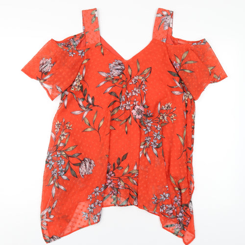 Roman Womens Red Floral Polyester Basic T-Shirt Size 10 V-Neck