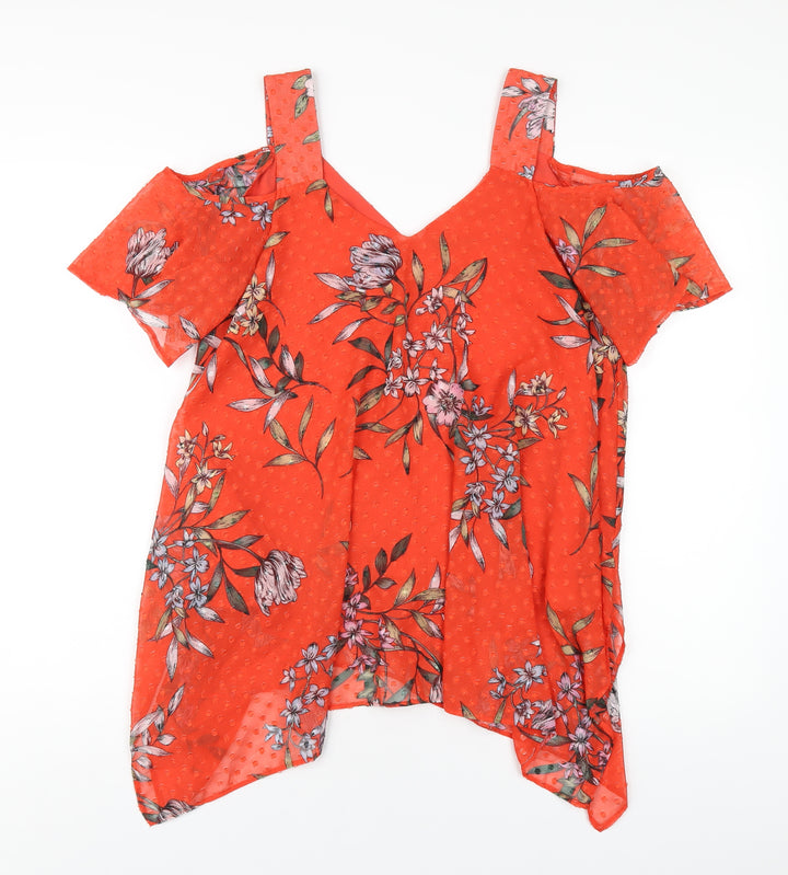 Roman Womens Red Floral Polyester Basic T-Shirt Size 10 V-Neck