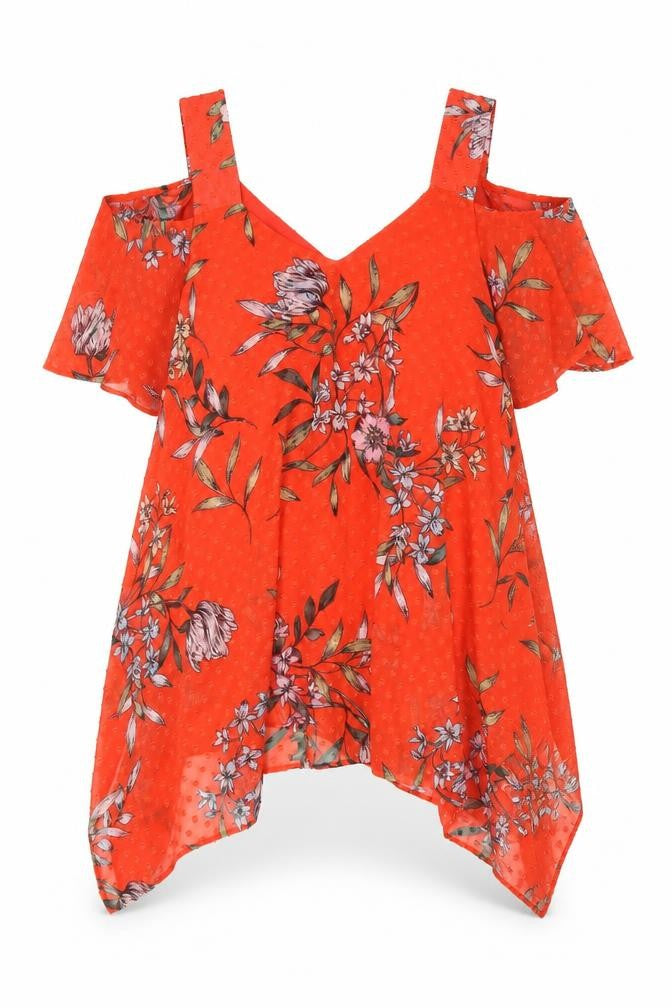 Front view of Roman women’s red floral polyester basic t-shirt, size UK 10, v-neck