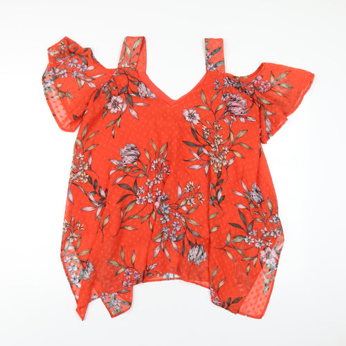Roman Womens Red Floral Polyester Basic T-Shirt Size 10 V-Neck