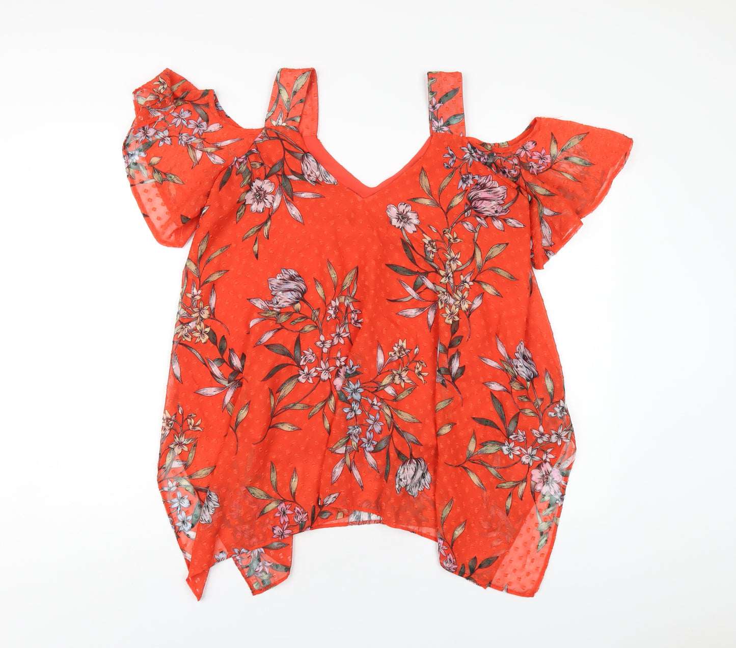Roman Womens Red Floral Polyester Basic T-Shirt Size 10 V-Neck