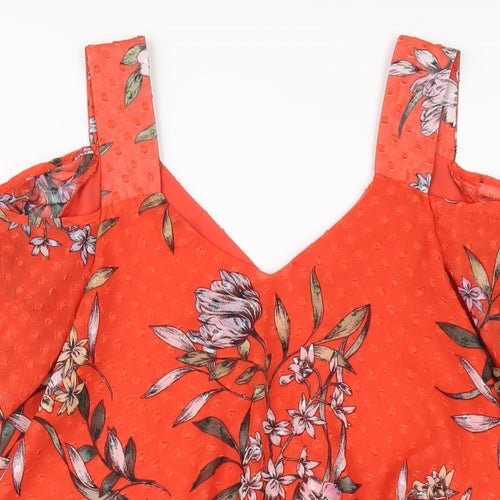 Roman Womens Red Floral Polyester Basic T-Shirt Size 10 V-Neck