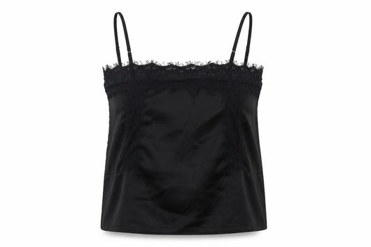 Front view of Missguided women’s black polyester camisole t-shirt, size UK 8, square neck - lace trim