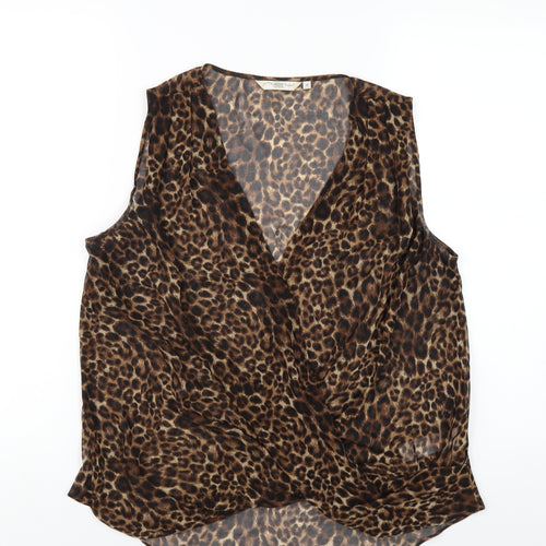 New Look Womens Brown Animal Print Polyester Basic Blouse Size 14 V-Neck - Leopard Print