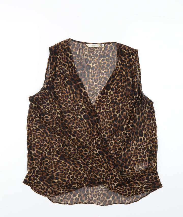 New Look Womens Brown Animal Print Polyester Basic Blouse Size 14 V-Neck - Leopard Print