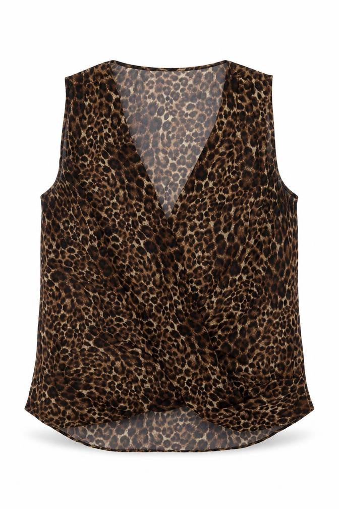 Front view of New Look women’s brown animal print polyester basic blouse, size UK 14, v-neck - leopard print