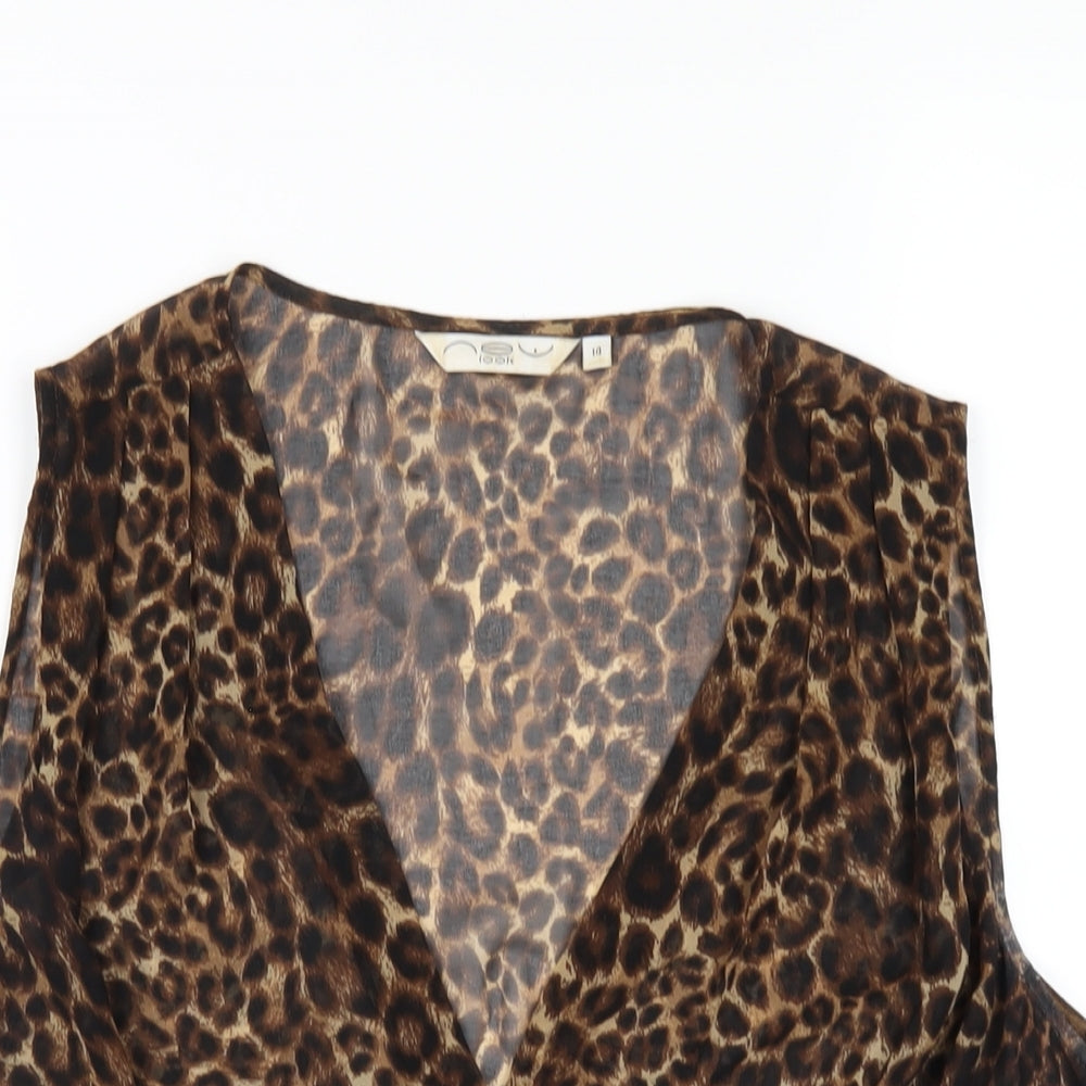 New Look Womens Brown Animal Print Polyester Basic Blouse Size 14 V-Neck - Leopard Print