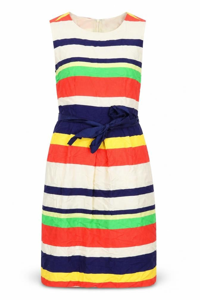 Clements Ribeiro Womens Multicoloured Striped Linen A-Line Size 10 Round Neck Zip