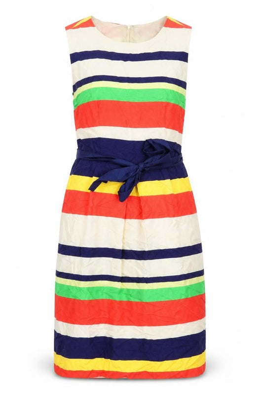 Front view of Clements Ribeiro women’s multicoloured striped linen a-line, size UK 10, round neck zip