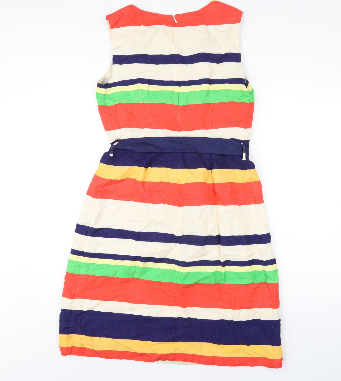 Clements Ribeiro Womens Multicoloured Striped Linen A-Line Size 10 Round Neck Zip