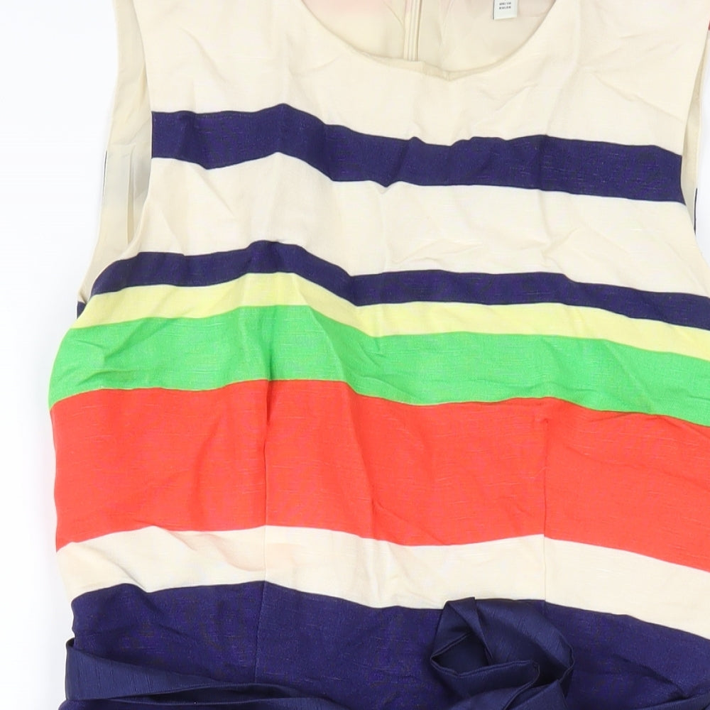 Clements Ribeiro Womens Multicoloured Striped Linen A-Line Size 10 Round Neck Zip