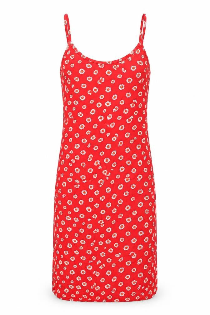 Front view of PRETTYLITTLETHING women’s red floral viscose bodycon, size UK 10, scoop neck pullover