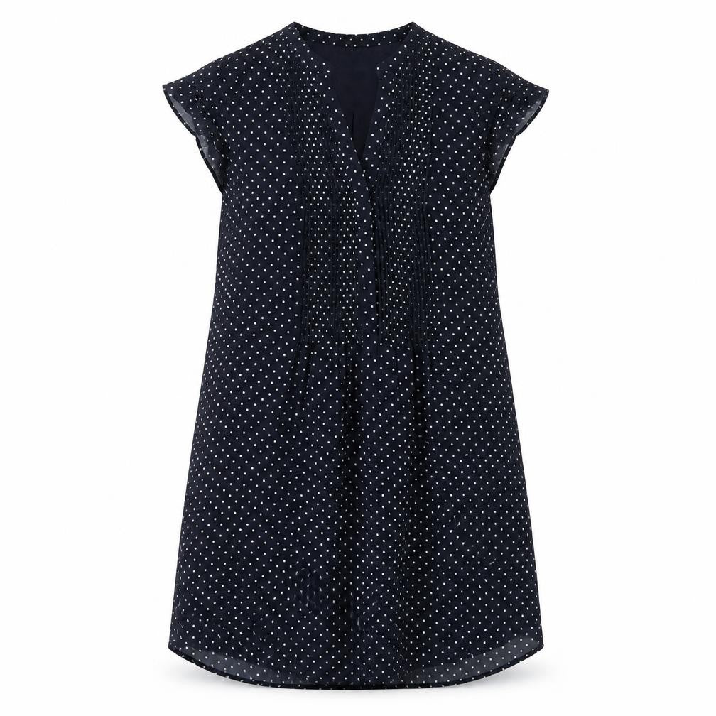 Front view of H&M women’s blue polka dot polyester a-line, size UK 10, v-neck pullover