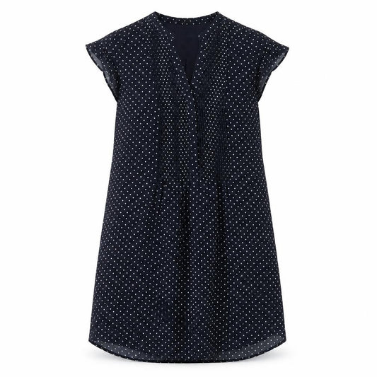 Front view of H&M women’s blue polka dot polyester a-line, size UK 10, v-neck pullover