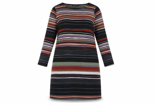 Front view of Bonmarché women’s multicoloured striped polyester a-line, size UK 14, round neck pullover