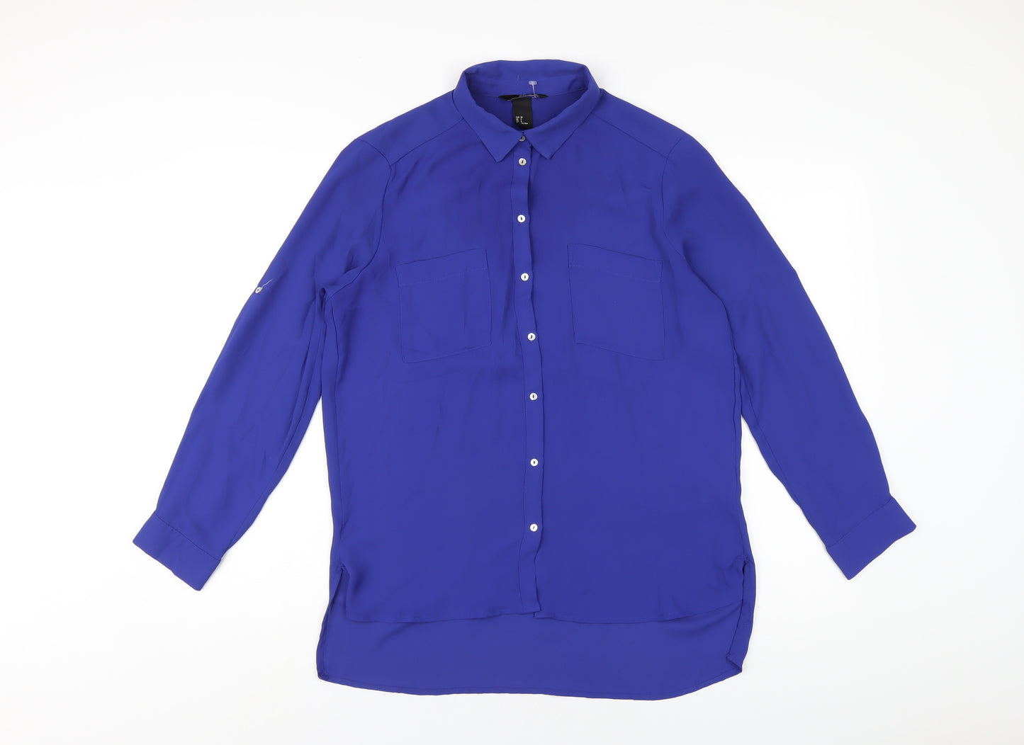 H&M Womens Blue Polyester Basic Button-Up Size 10 Collared