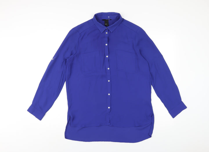 H&M Womens Blue Polyester Basic Button-Up Size 10 Collared