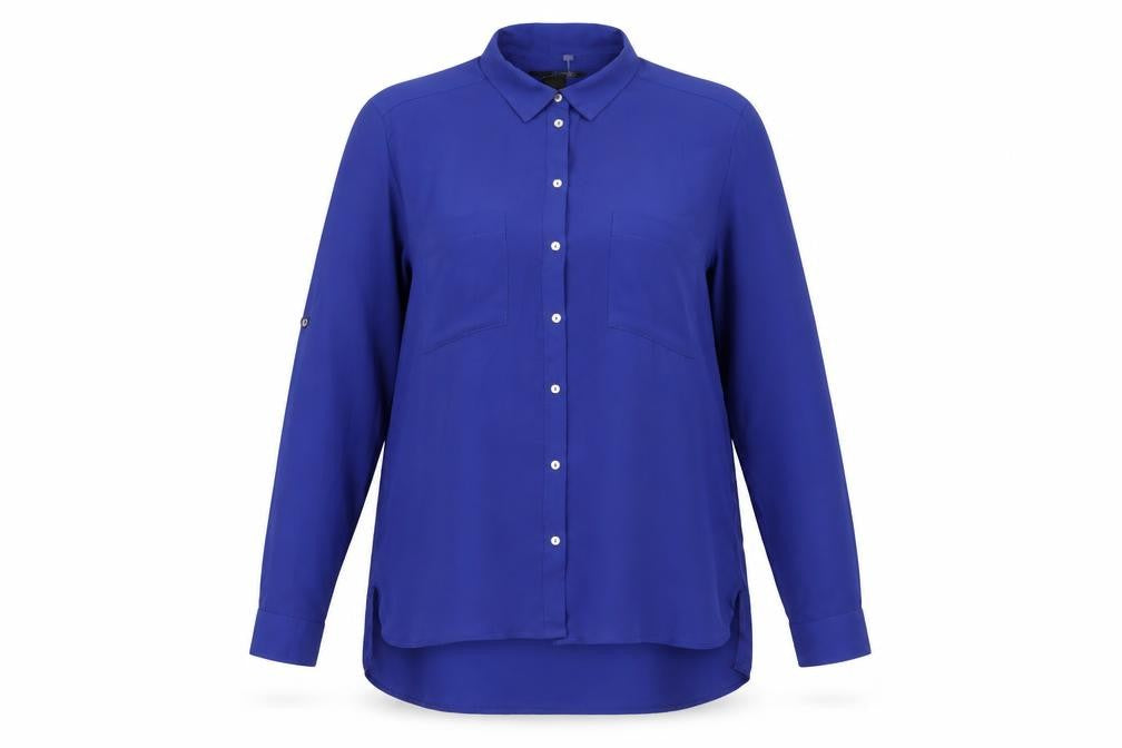 Front view of H&M women’s blue polyester basic button-up, size UK 10, collared