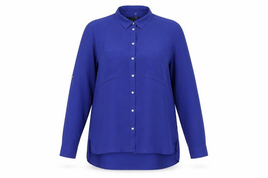 Front view of H&M women’s blue polyester basic button-up, size UK 10, collared
