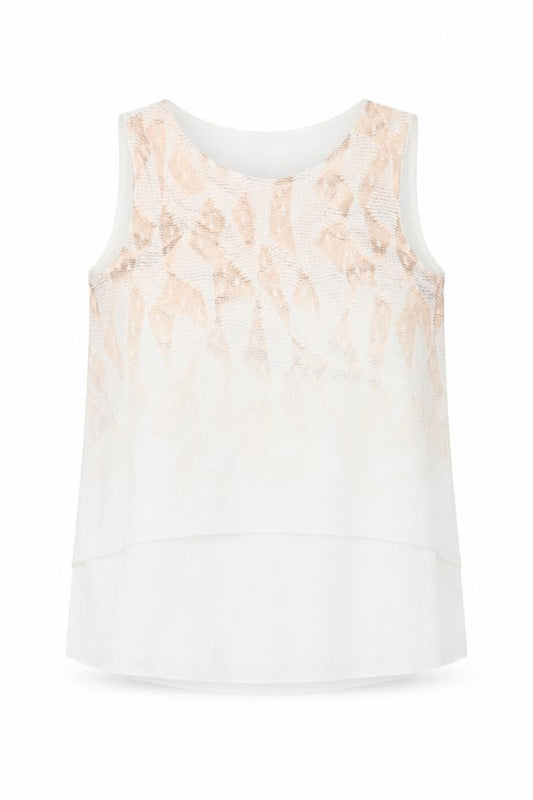 Front view of Zara women’s white geometric polyester basic tank, size M, round neck