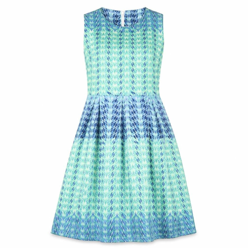 Front view of Smashed Lemon women’s multicoloured geometric polyester a-line, size UK 12, off the shoulder zip
