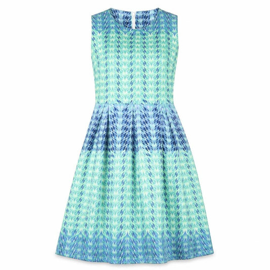 Front view of Smashed Lemon women’s multicoloured geometric polyester a-line, size UK 12, off the shoulder zip