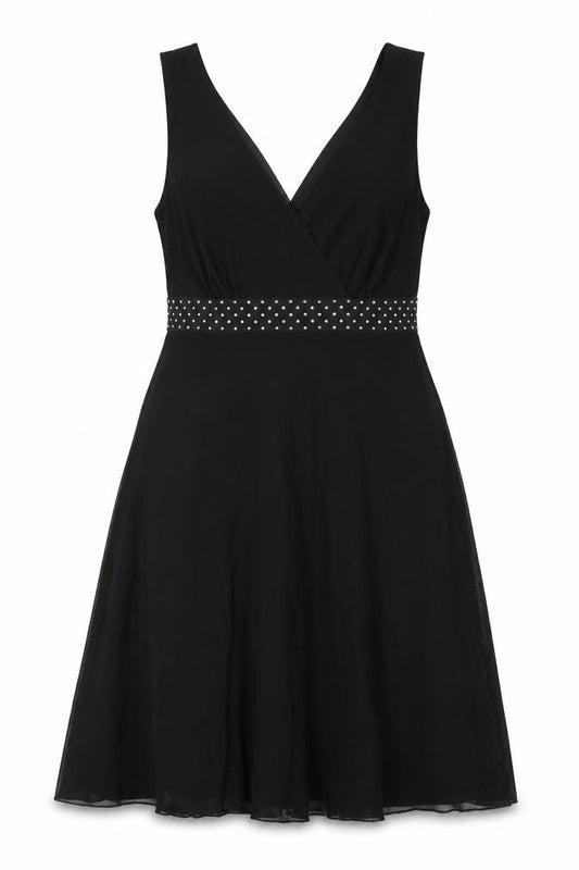 Front view of Next women’s black nylon tank dress, size UK 12, v-neck zip